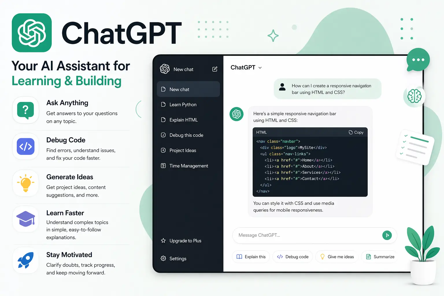 ChatGPT assistant helping beginners learn coding and solve technical questions