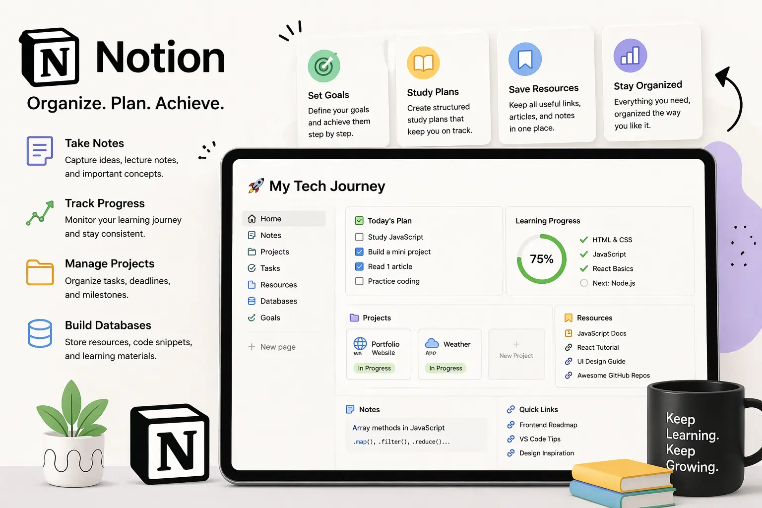 Notion workspace template for learning plans and project organization