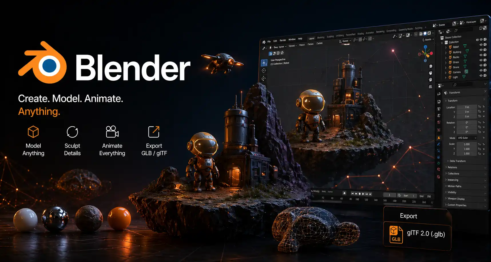 Blender interface for creating 3D models and animation assets
