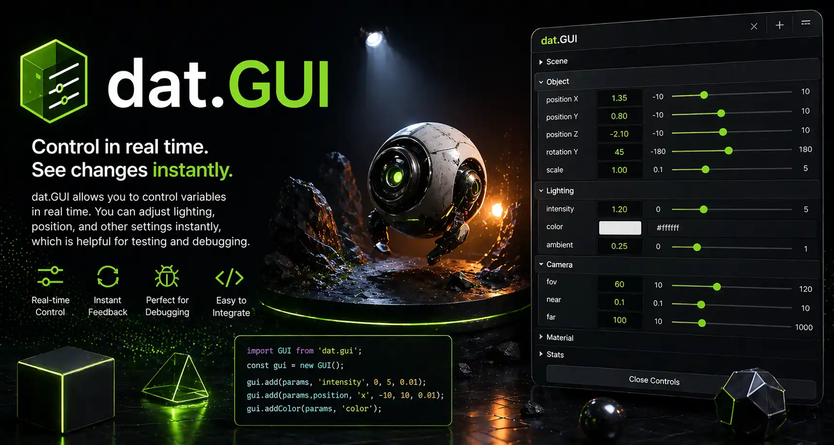 dat.GUI panel for tuning Three.js variables in real time