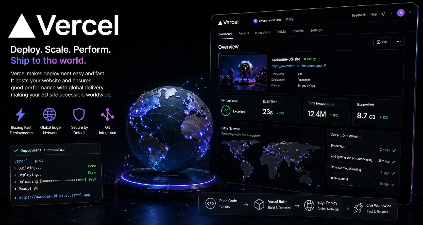 Vercel deployment dashboard for publishing Three.js websites globally