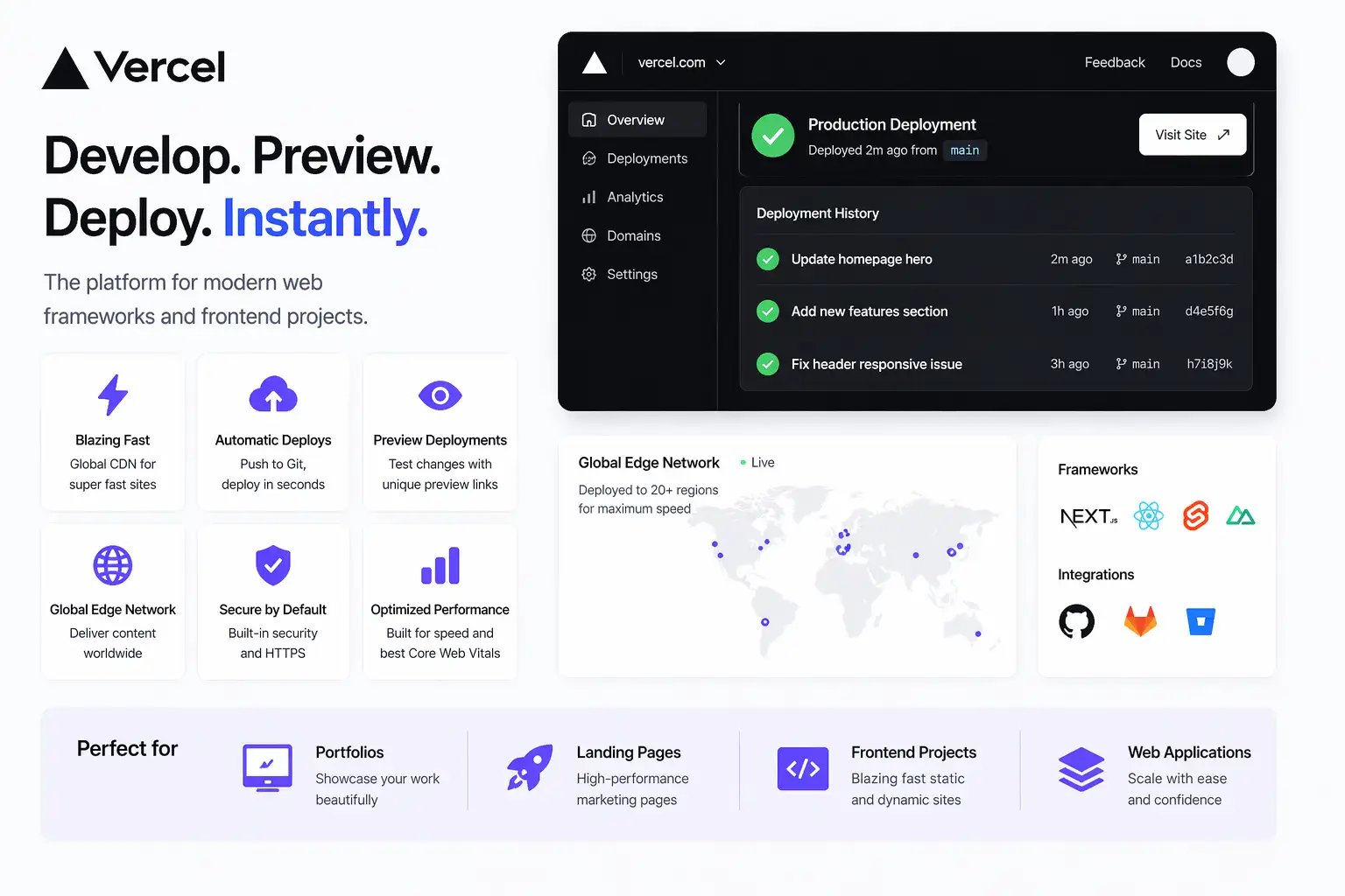 Vercel hosting dashboard for deploying modern websites with automatic Git deployments