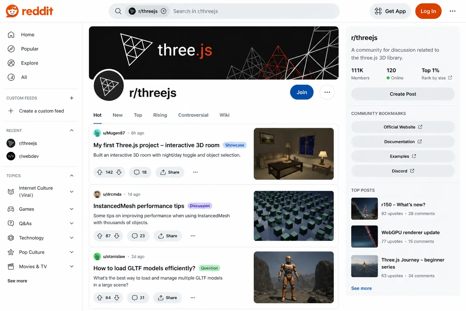 Reddit communities sharing Three.js tips, project feedback, and beginner learning resources